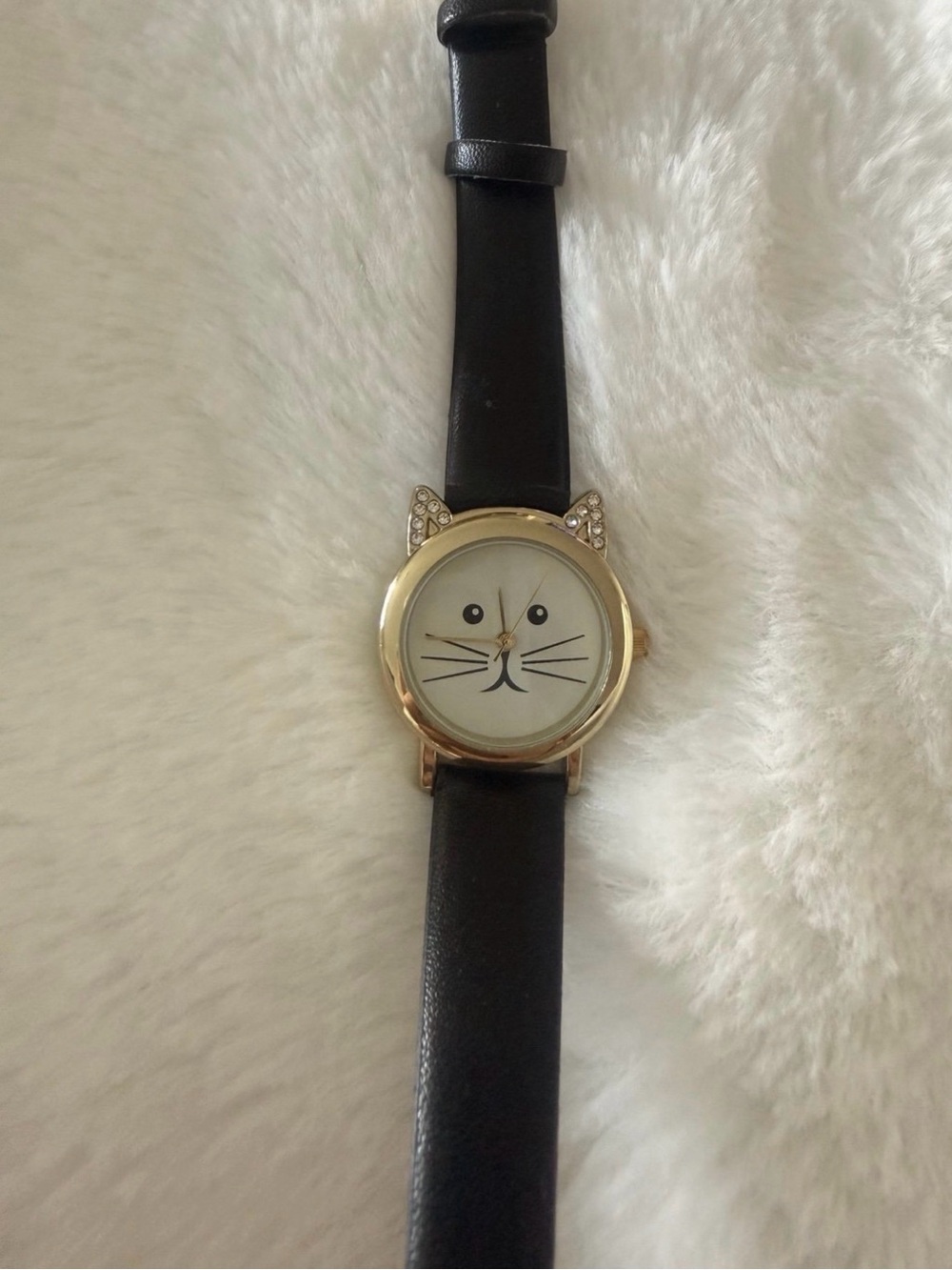 Cat Face Gold-Tone Watch with Black Strap